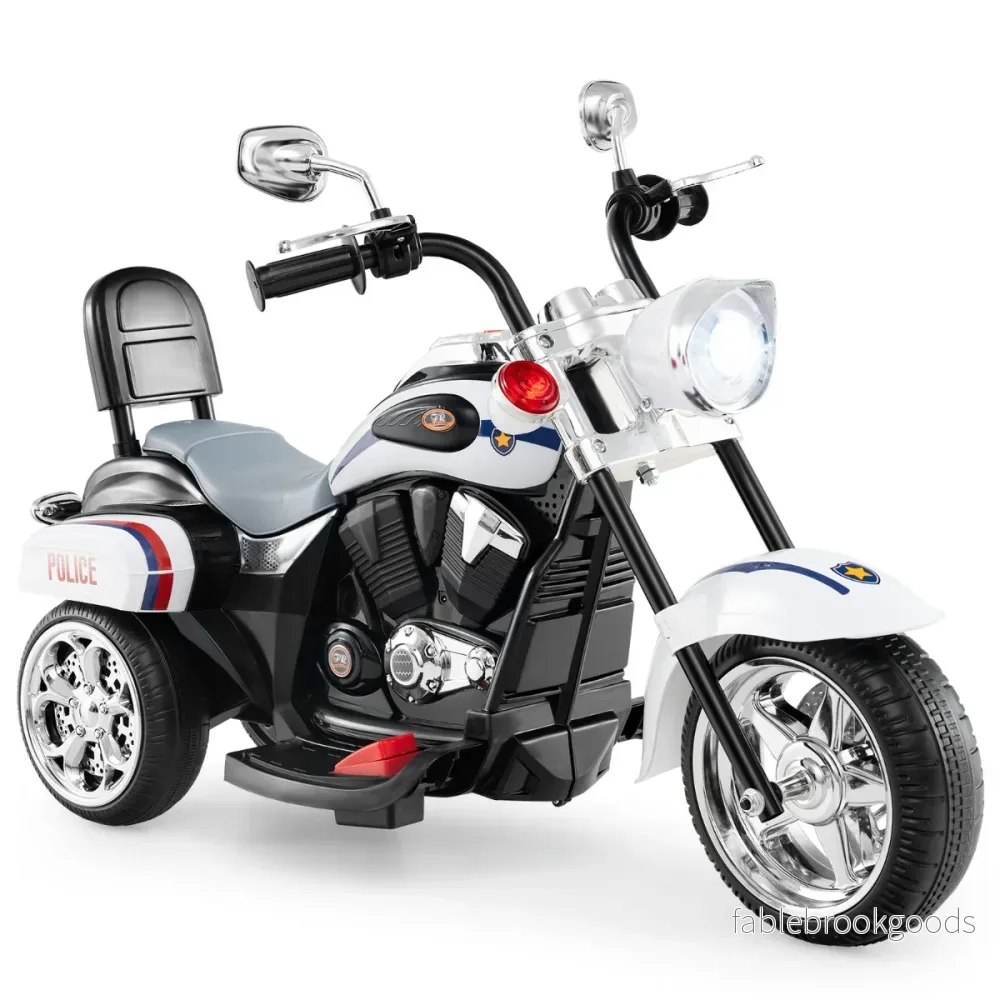 6V – barnmotorcykel med justerbar strålkastare och ljud Trehjulig elmotorcykel polis – Vit