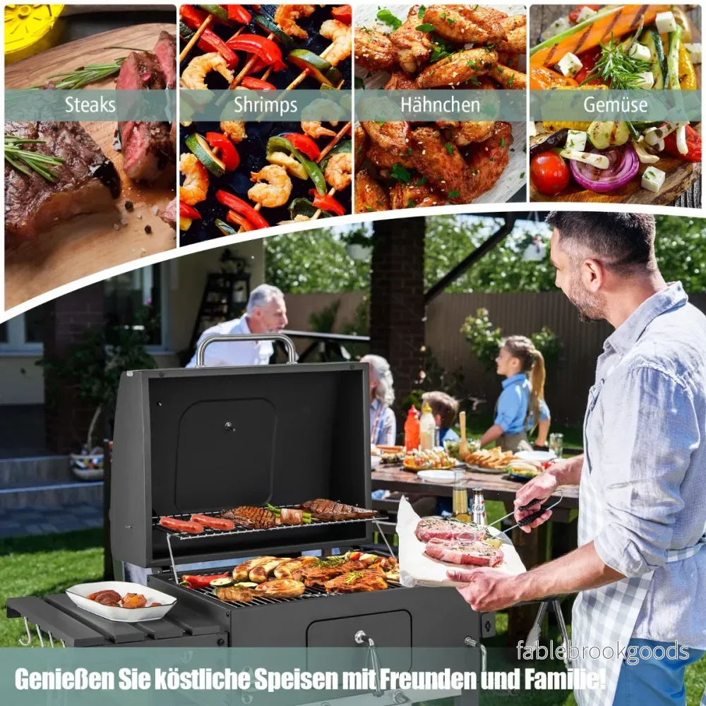 Kolgrill – med lock och fällbara sidobord krokar termometer flasköppnare – 2 8 – Svart - Bild 3