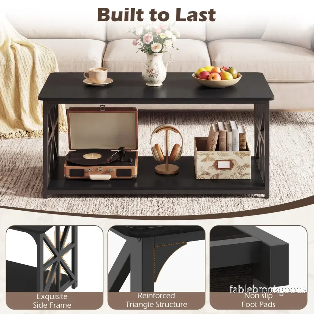Industriell – lantlig soffbord med öppet hyllfack, nivåers accentbord, kaffebord – 2 – Svart - Bild 3