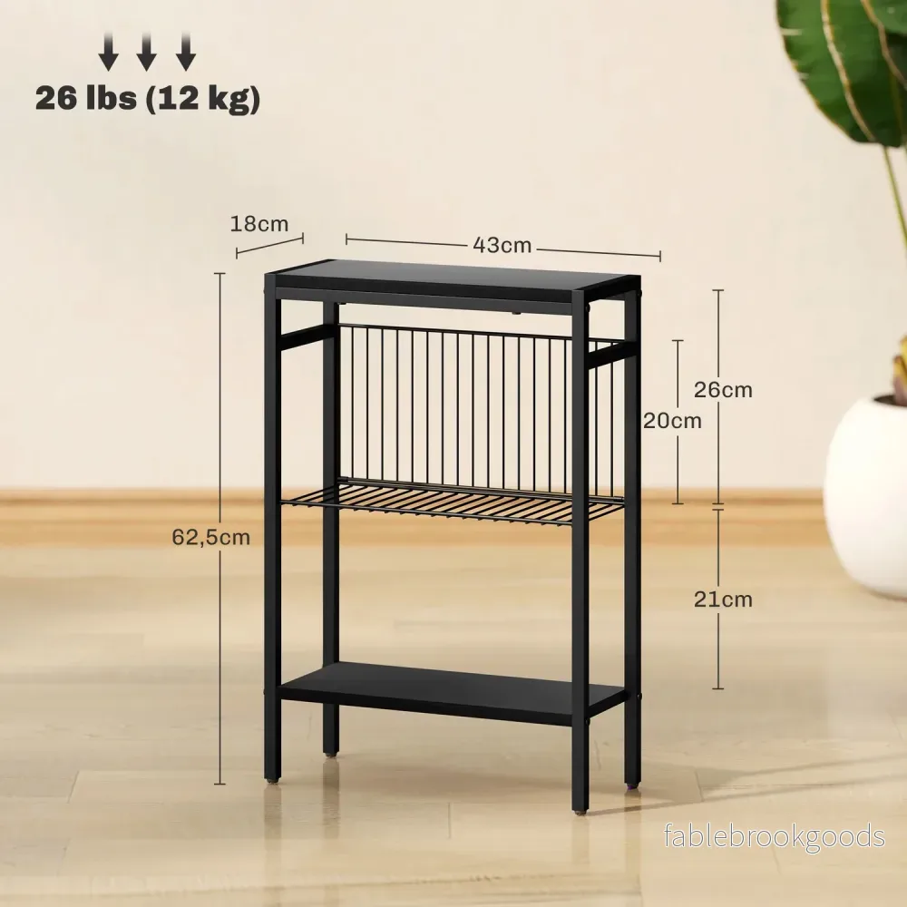 Sidobord, 3-våningsdesign, hyllor i träeffekt, stålstomme, svart - Bild 3