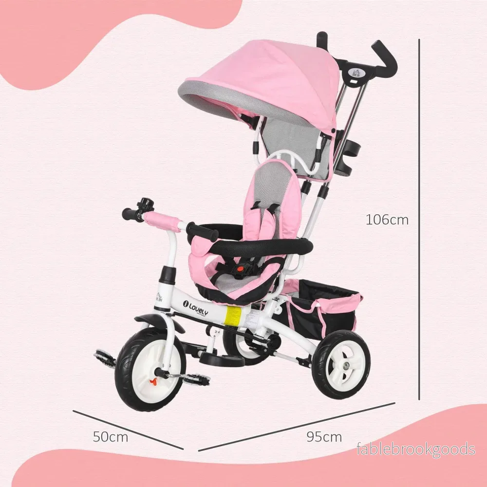 6-i-1 barntrehjuling med körbygel, tak, bälte, förvaringskorg, för 1-5 år, rosa - Bild 3