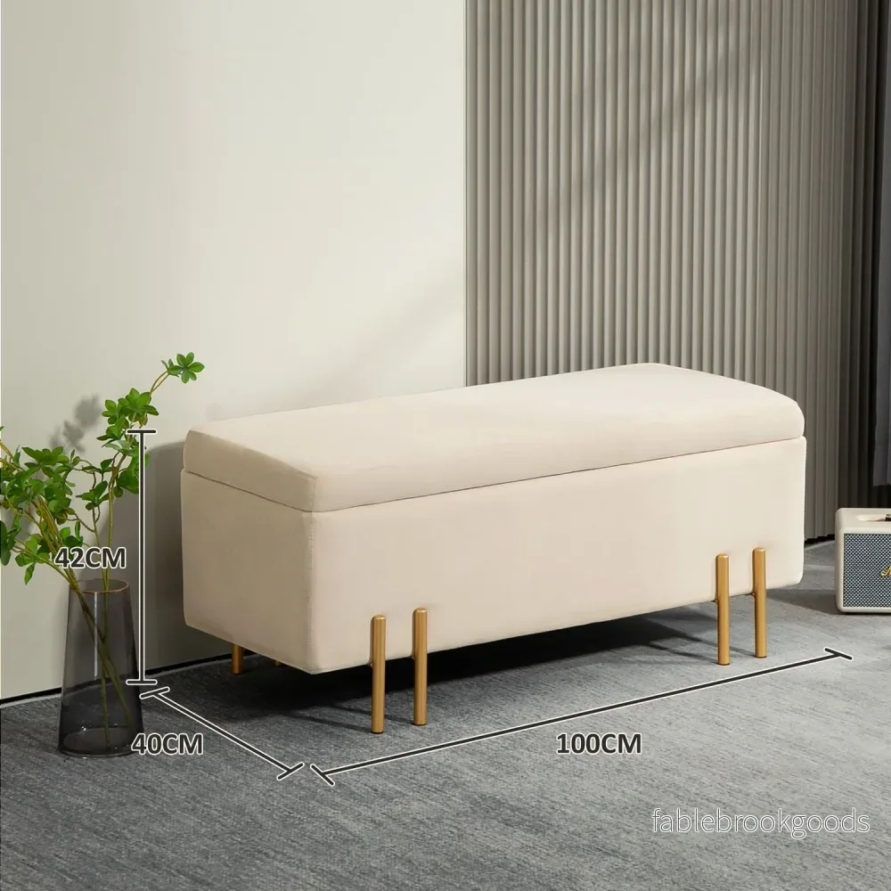 Beige sammetsklädd förvaringsbänk med träben - Bild 3