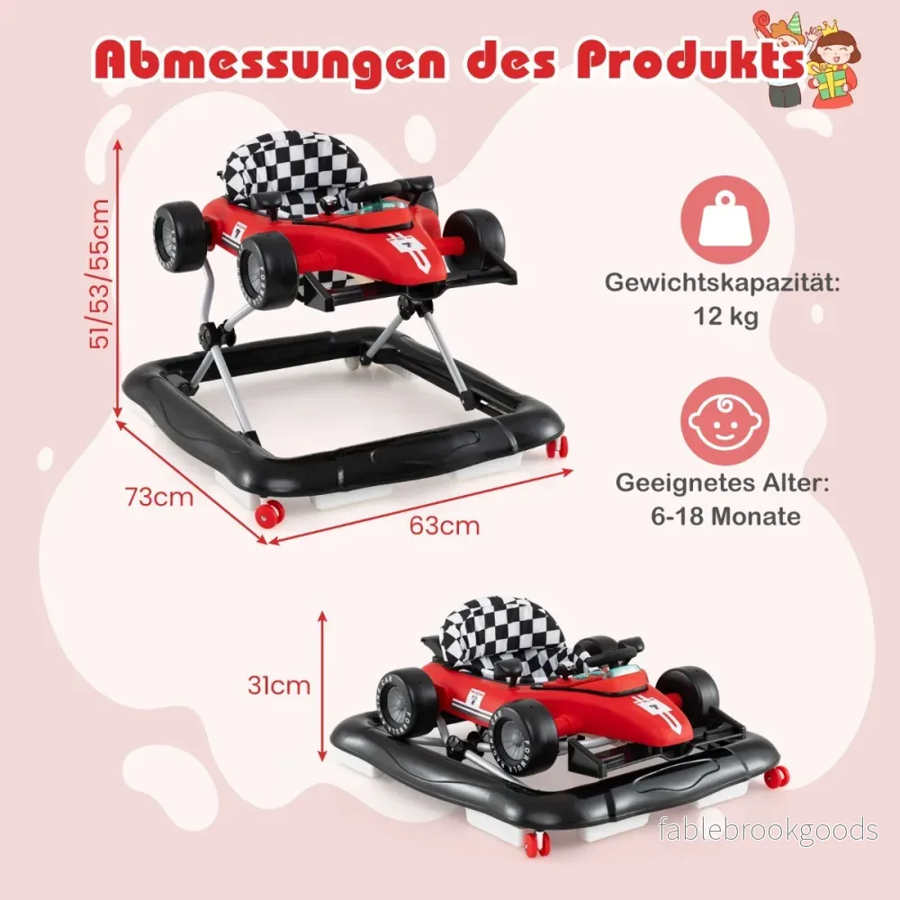 i – Gåhjälp Gåvagn hopfällbar med justerbar höjd Baby Walker Bilformad – 4 1 – Röd - Bild 2
