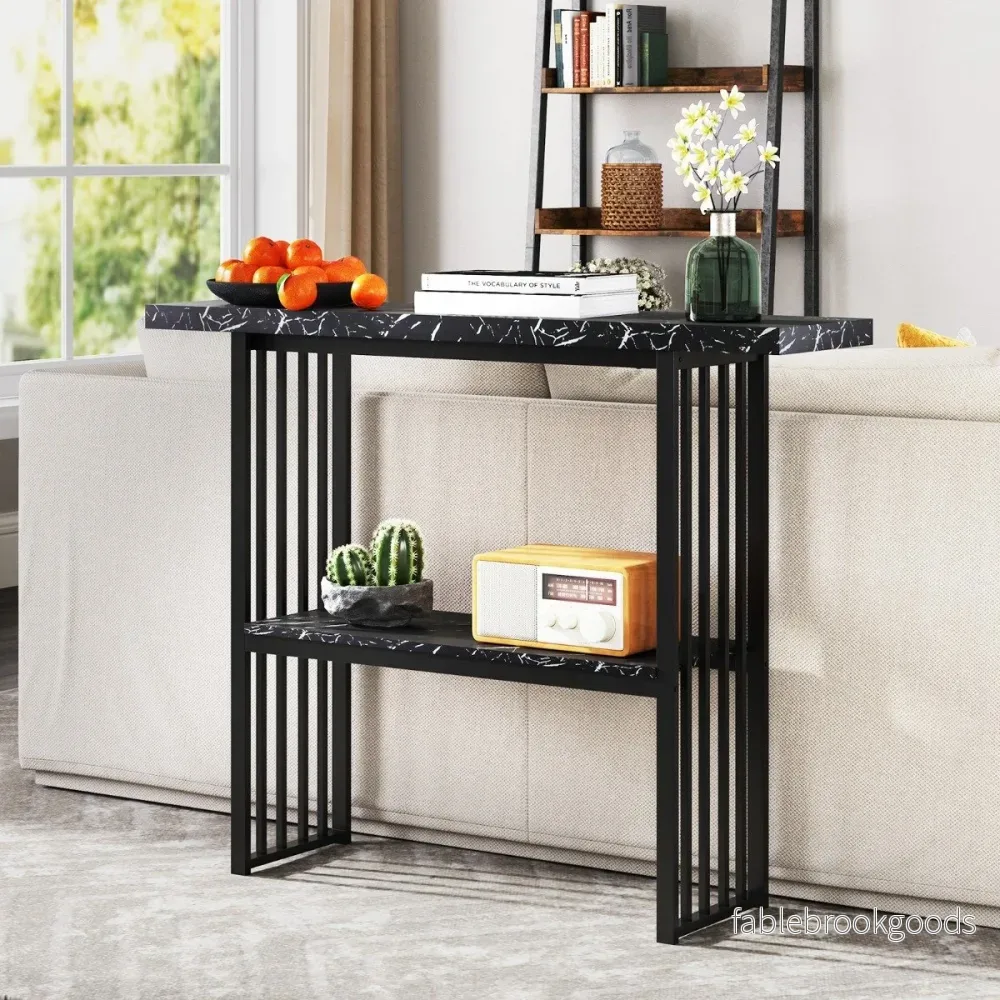 nivåer – Konsolbord med marmorutseende Smalt sidobord Hallbord metallram – 2 – Svart - Bild 3