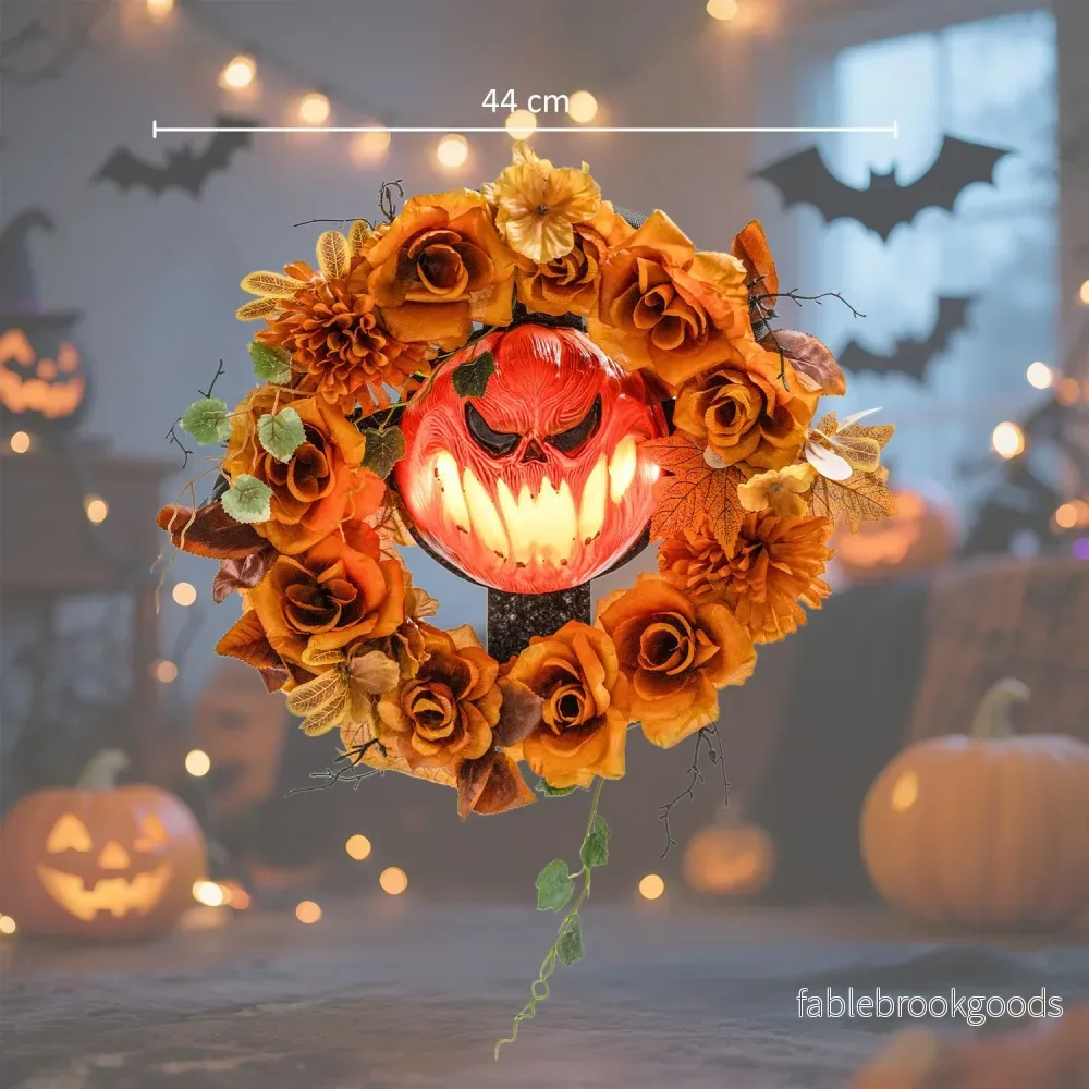 Halloweenkrans, pumpadesign, höstlöv, LED-effekter - Bild 3