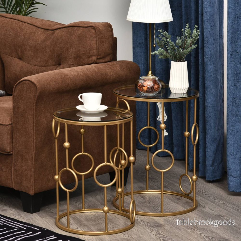 Set med 2 soffbord, sidobord med glasskivor, vardagsrumsbord med båge och bolldesign Ø41 x 57 cm, guld - Bild 2