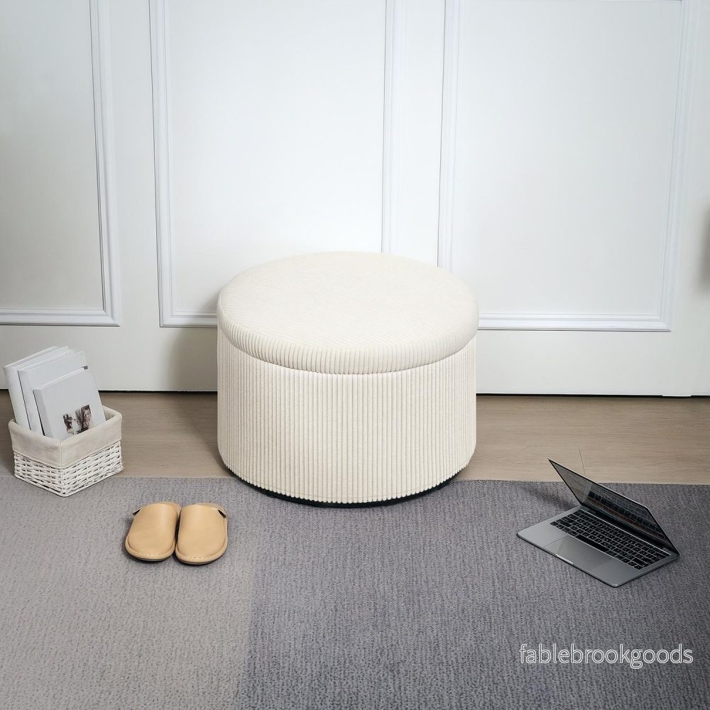Beige rund ottomansk pall med förvaring, 60x60x41 cm - Bild 2