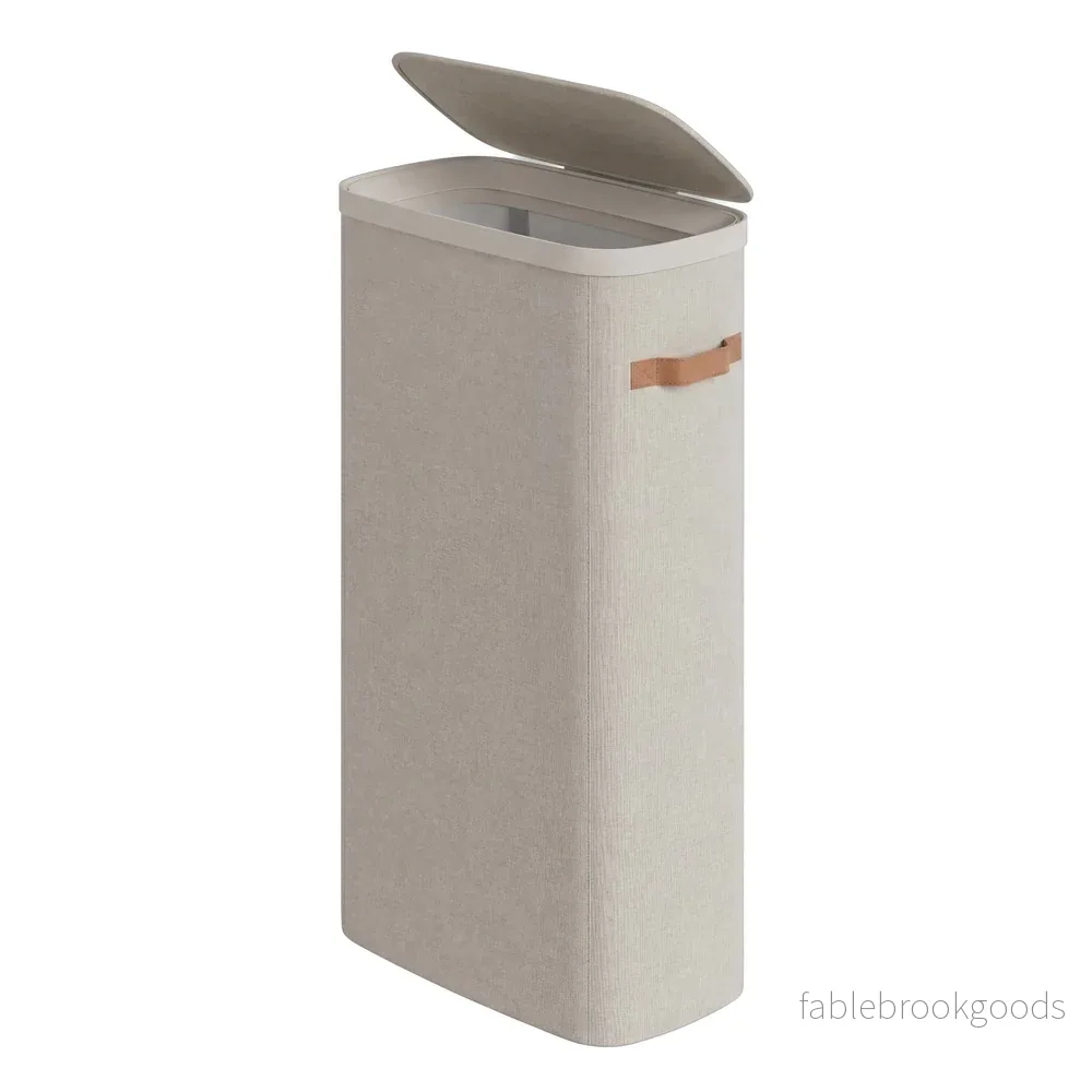 Wasmand - 65 liter - 39 x 22 x 75 cm - met deksel en handvatten - beige - maximaal 10 kg