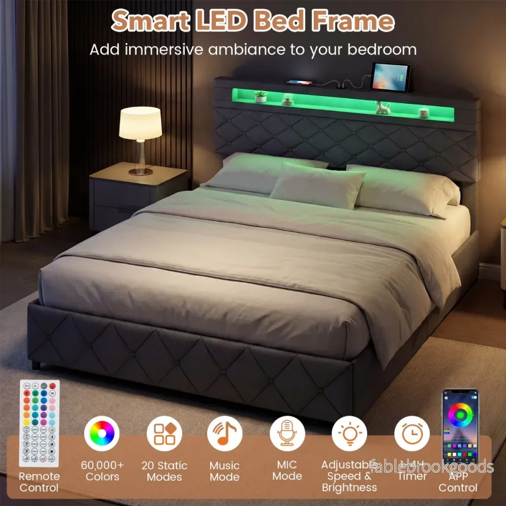 Stoppad – säng med LED belysning, laddstation (2 USB uttag), lådor, grått. – 160 x 200 cm – Grå - Bild 3
