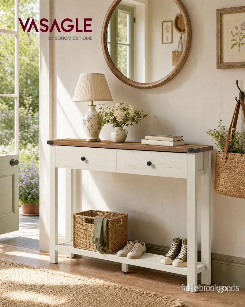 Sidetable - Smal met Schuifladen - Wolkwit, aardbruin - 100 x 24 x 76 cm - Bild 2