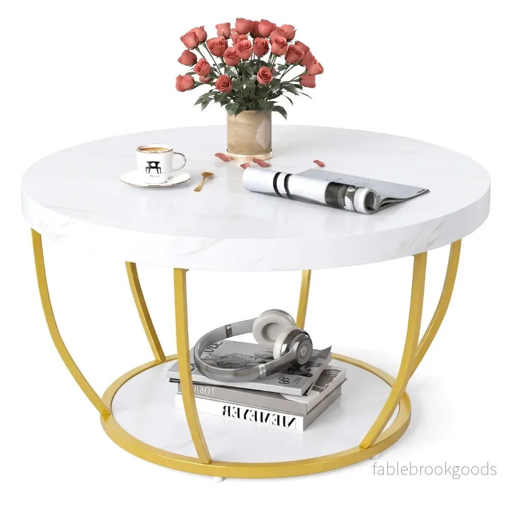 Soffbord – runt Sofabord Trä med Nivåer och Metallram Vardagsrumsbord Kaffebord – 2 – Vit