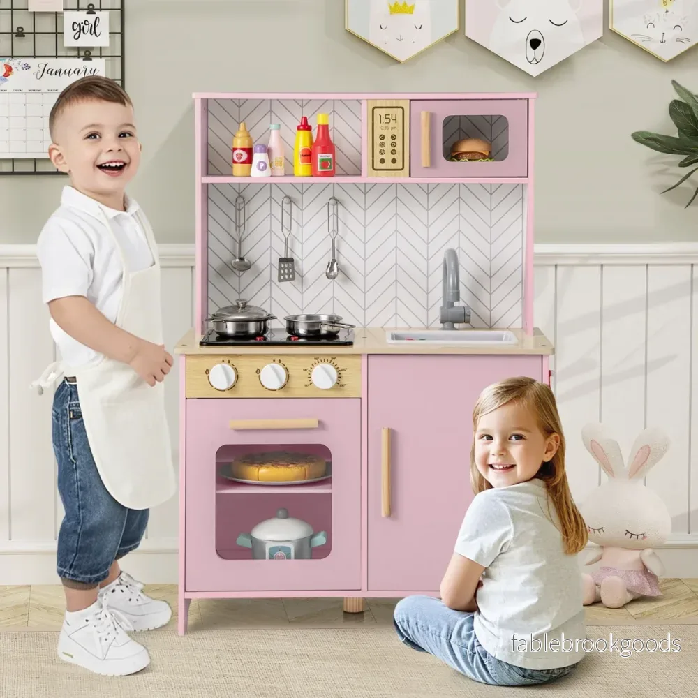 Träbarnskök – med mikrovågsugn, spis, diskho och ugn Lekköksbarnskök – Rosa - Bild 3