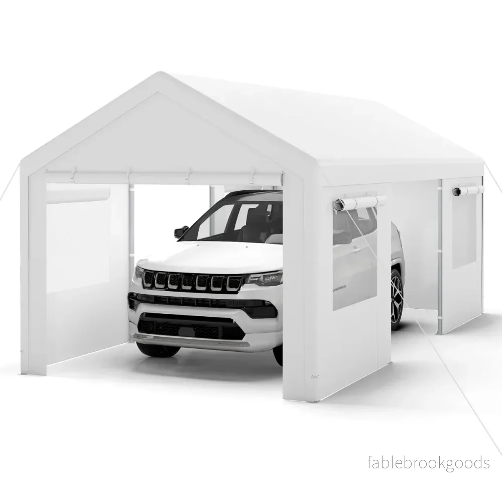 Vinterfast – Tältgarage med Avtagbara Sidoväggar och Rullportar Ventilerade Fönster Carport – Vit