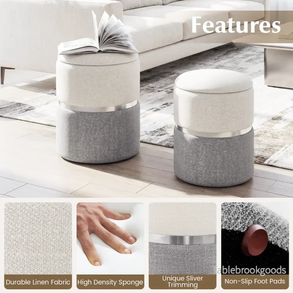 pack – sittpuffar i sammet med 32L + 21L förvaringsutrymme, rund soffa sidopuff – 2 – Grå - Bild 3