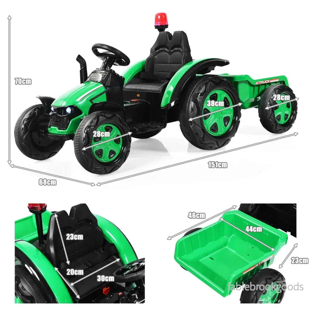 12V – eltraktor för barn med släpleksakstraktor – 151 x 68 x 70 cm – Grön - Bild 2