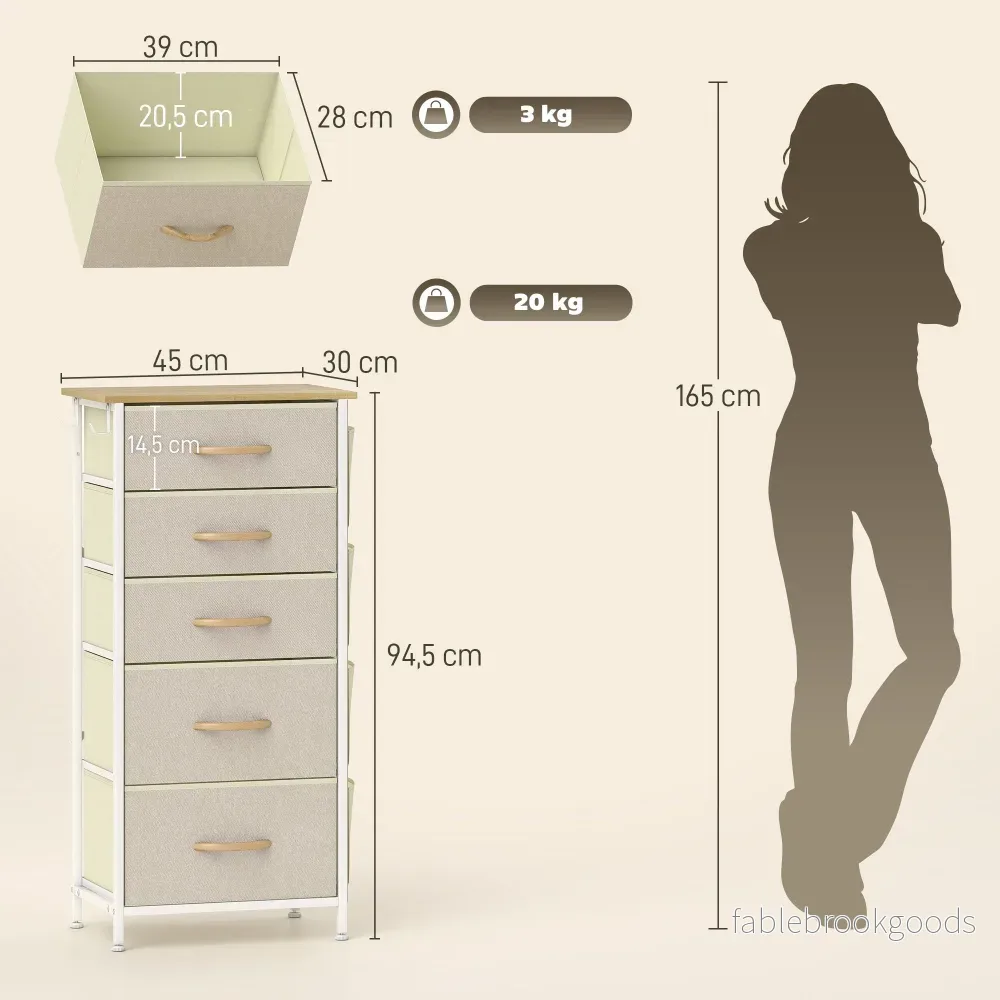 Sovrumsbyrå med 5 tyglådor, stålram, beige - Bild 3