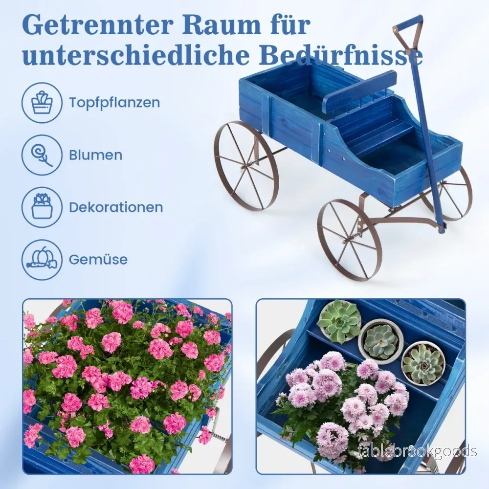 Blomstativ – Trävagn Växtvagn Blomstervagn med metallhjul – 62 x 34 x 60 cm – Blå