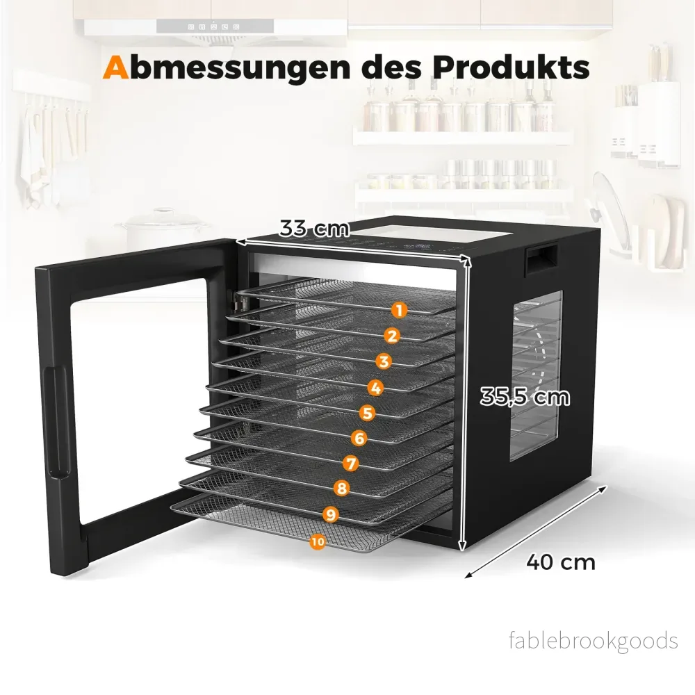 850W – Torkapparat inkl. rostfria skålar torkmaskin med förinställda program 48H timer och 30-75℃ temperatur – 10 10 – Svart