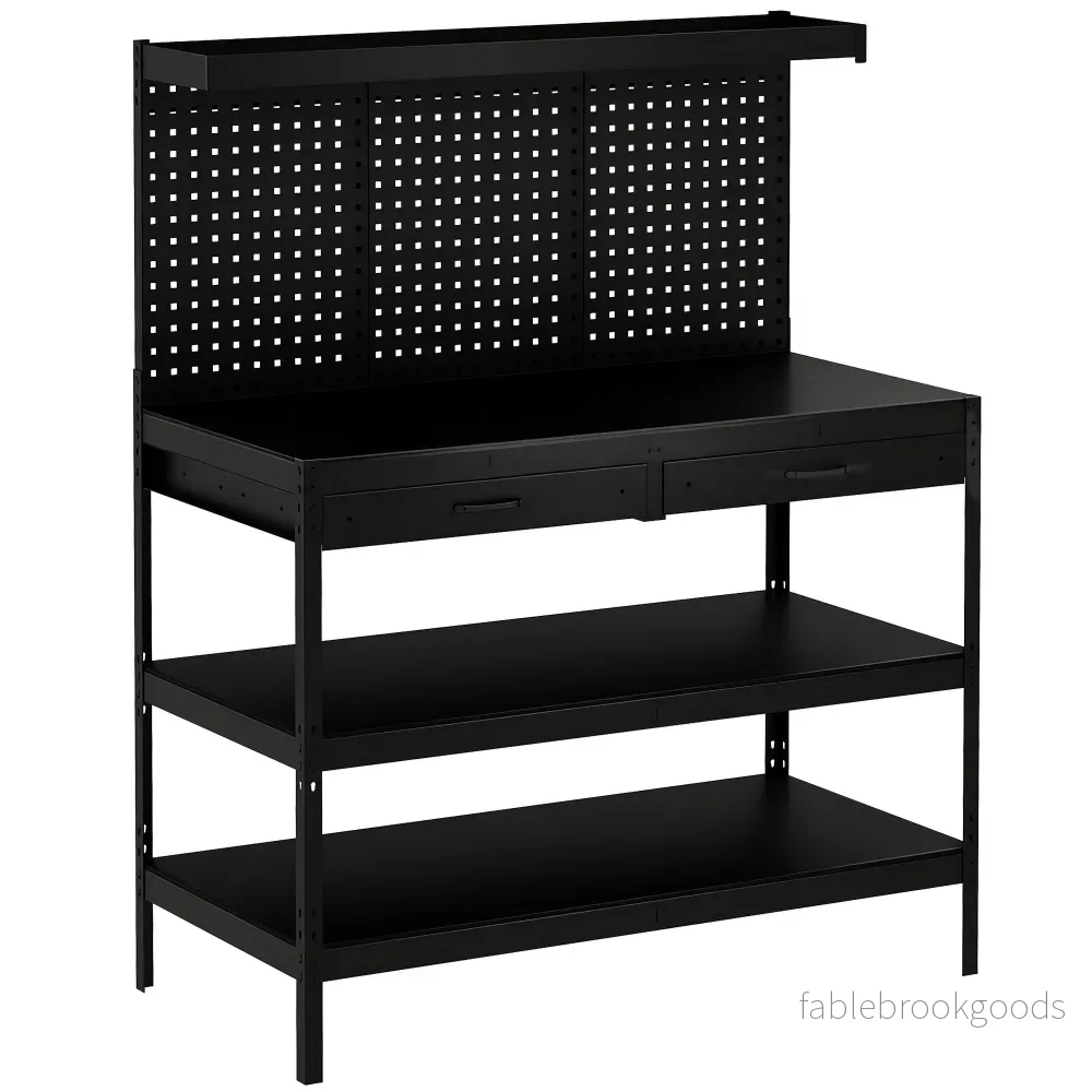 Justerbar arbetsbänk med hylsplatta och hyllplan, svart, 122x61x156 cm