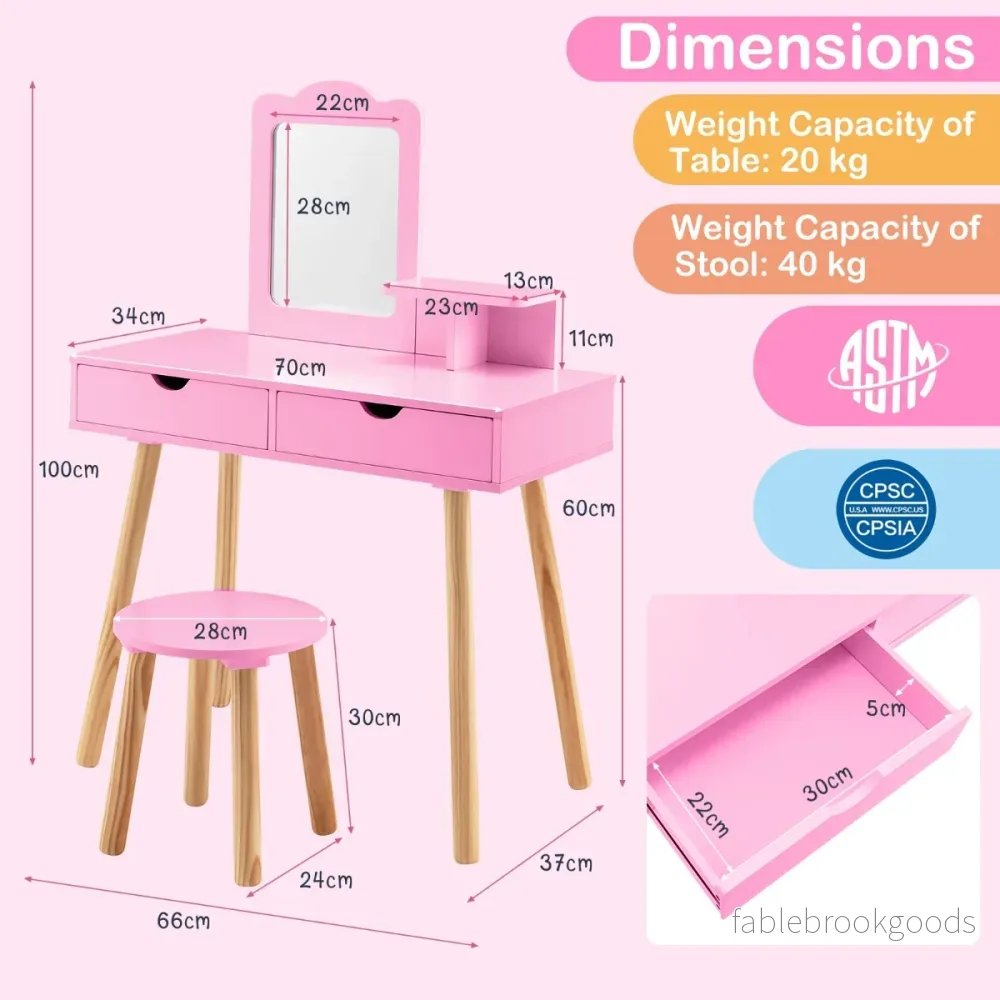 Barn – Sminkbord Set i Frisörbord Skrivbord och Pall med avtagbar Spegel Hot Pink – 2 1 – Rosa - Bild 2