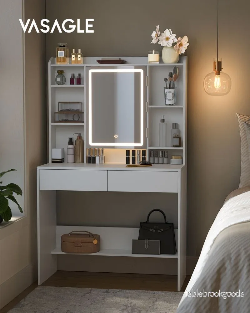 Sminkbord - LED-belysning och spegel - 2 lådor - Vit - Bild 2