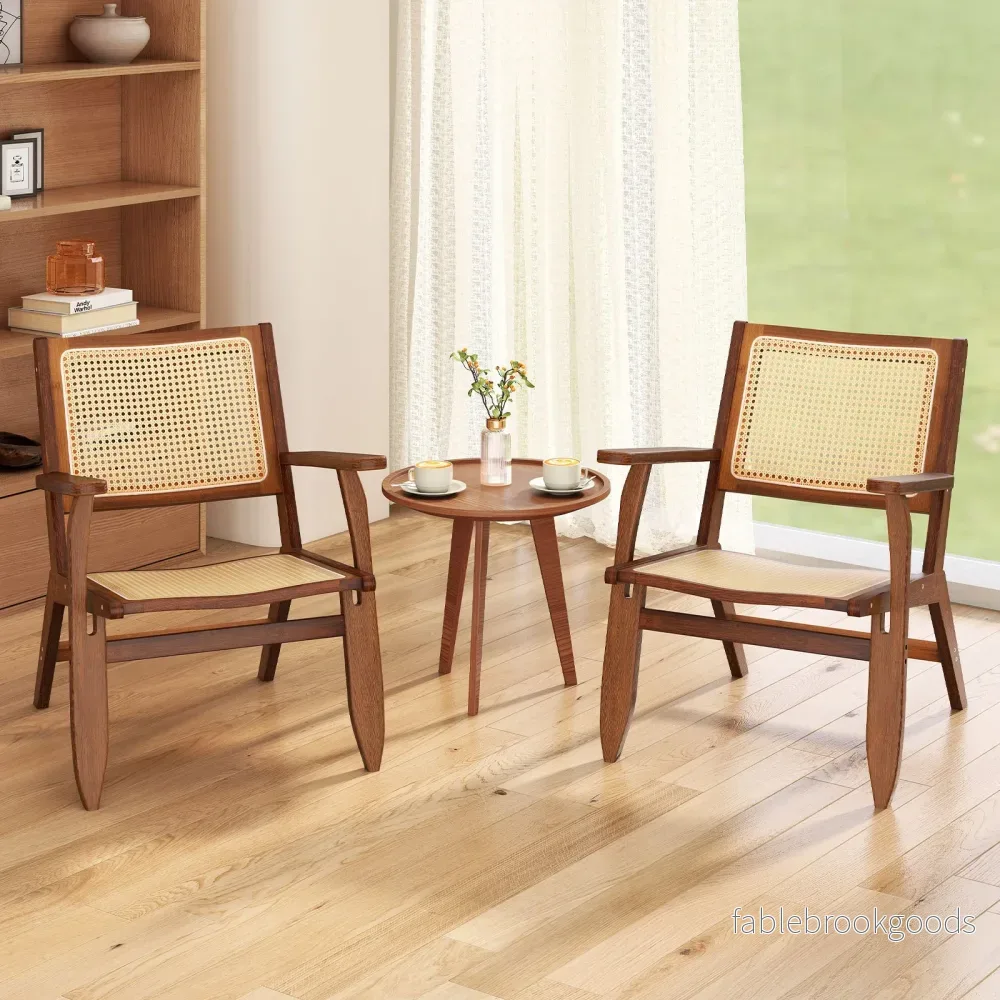 Rattanstol – med ergonomisk ryggstöd och armstöd, bambu matsalsstol – Brun - Bild 3
