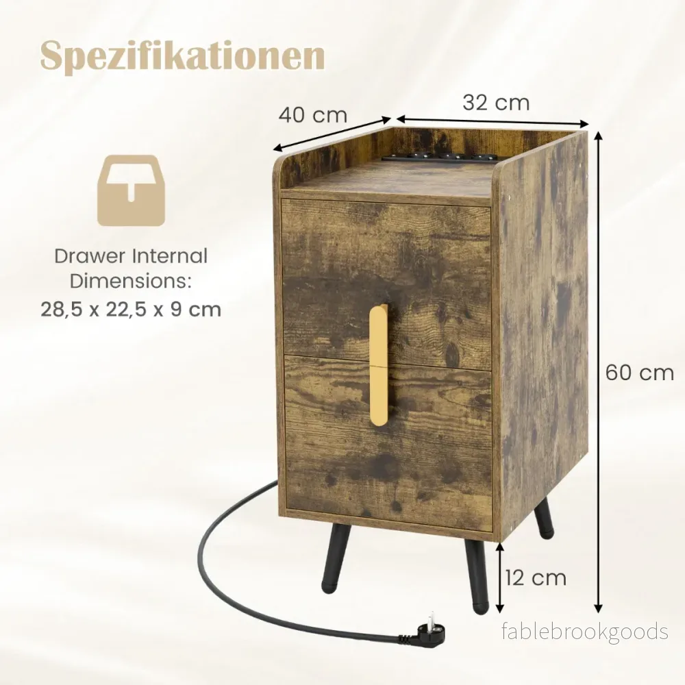 Sängbord – med laddstation smalt lådor och USB portar – 2 40 x 32 x 60 cm – Rustik brun - Bild 2