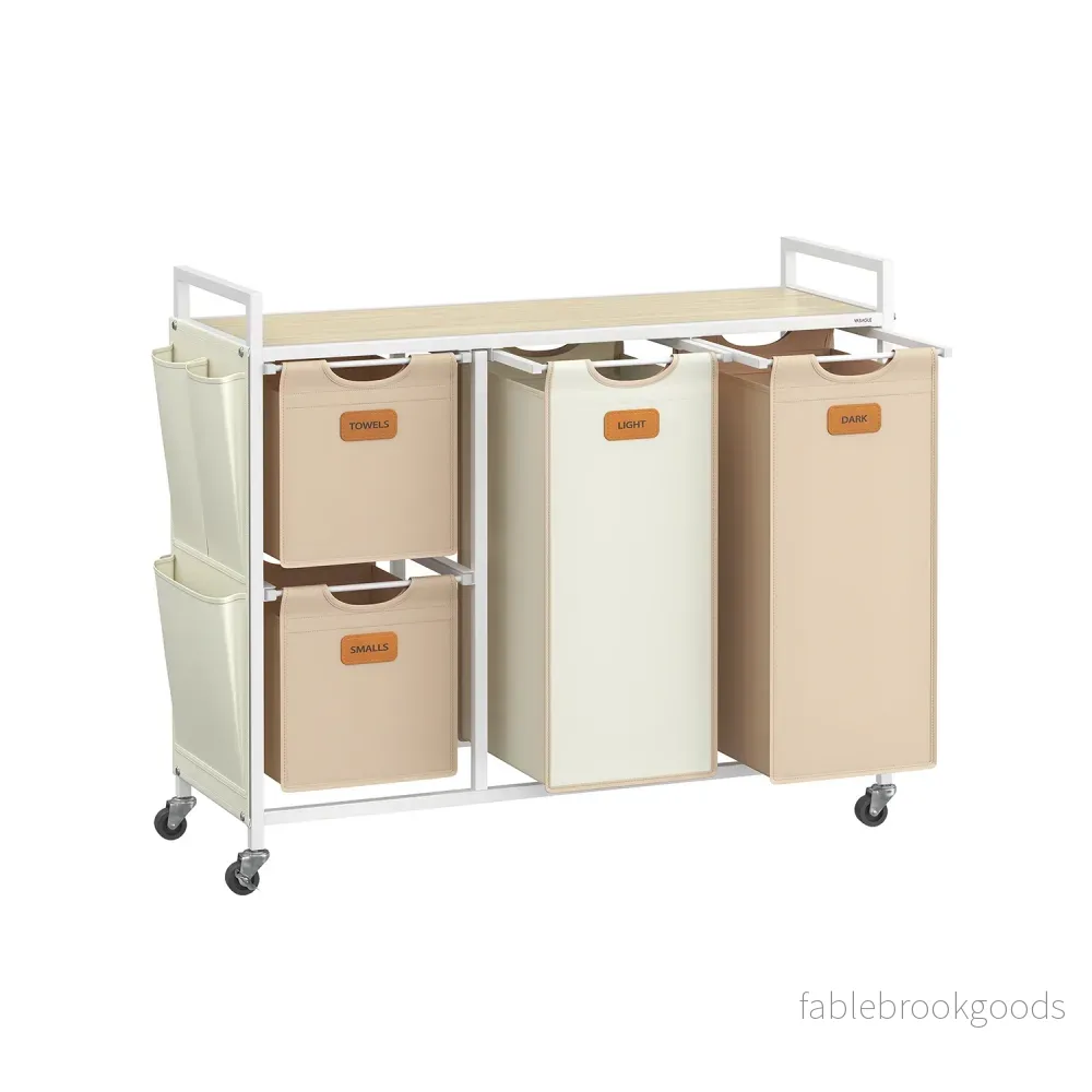 Tvättkorg med 4 fack – Snygg design – Naturlig och beige-kamel brun-gräddvit