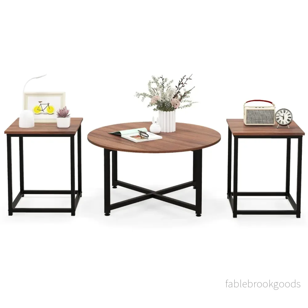 Set – med soffbord robust metallram, runt och fyrkantiga sidobord – 3 2 – Brun - Bild 2