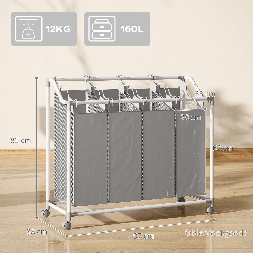 Tvättkorg med 4 avtagbara påsar, 160 liter, hjul, grå - Bild 3