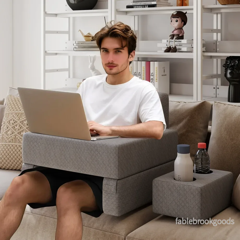 Läskuddar – för säng och soffa, bokkuddar med dryckeshållare, ergonomiskt ryggstöd i grått – Grå - Bild 3