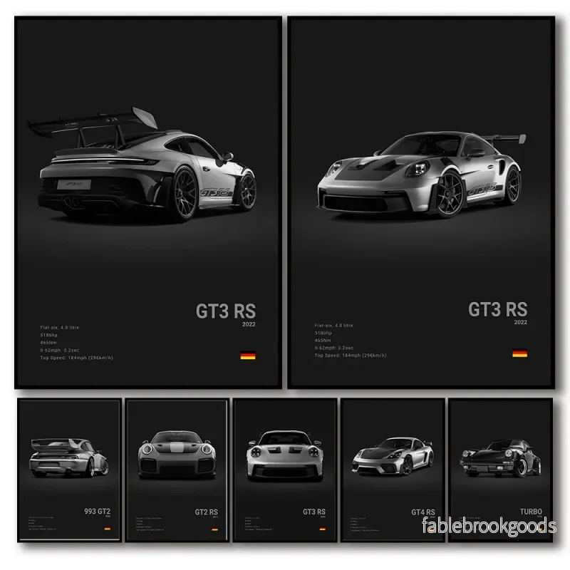 911 GT3 RS Turbo Black and White Sports Car Poster