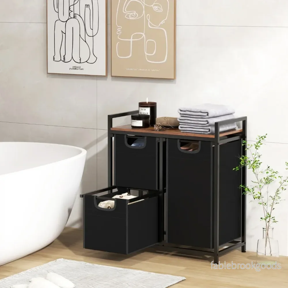 fack – tvättkorg med hylla och löstagbara påsar tvättuppsamlare – 3 3 66,5 x 33 x 72 cm – Svart - Bild 3