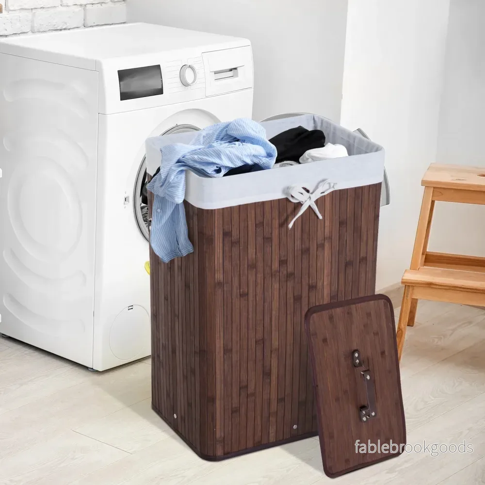 Bambu tvättkorg med lock, 72L, hopfällbar & tvättbar - Bild 2