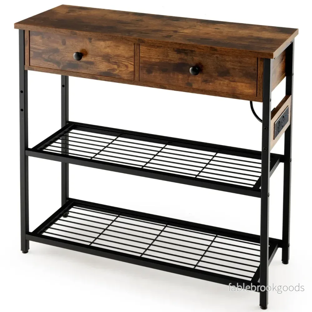 Konsolbord – med laddningsstation och lådor Hallbord Entrébord USB TypeC anslutningar – 2 – Rustik brun