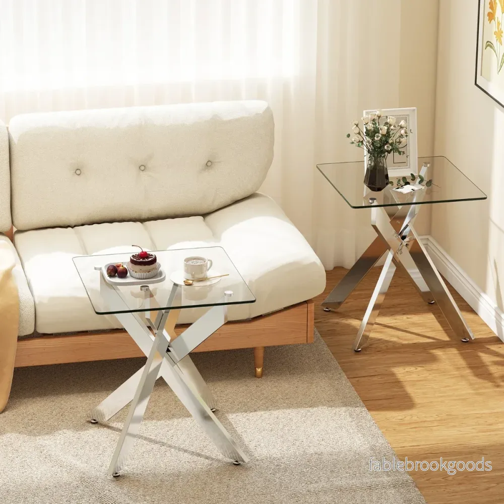 Glas – Sidobord Kvadratiskt Matbord med Härdad och X Metallstomme Modernt – Silver - Bild 3
