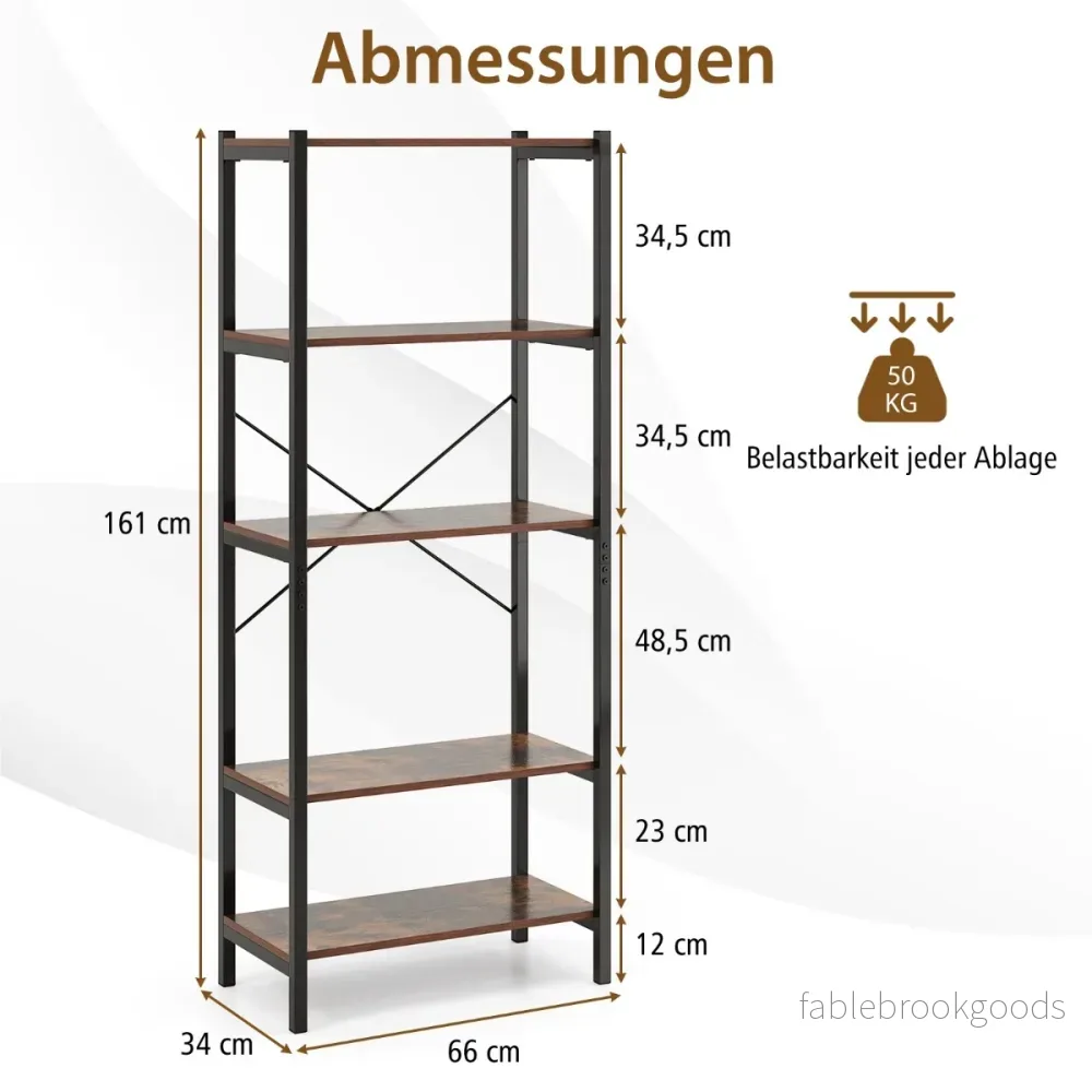 stegs – bokhylla fristående industriell i trä med metallram – 5 66 x 34 x 161 cm – Rustik brun - Bild 2