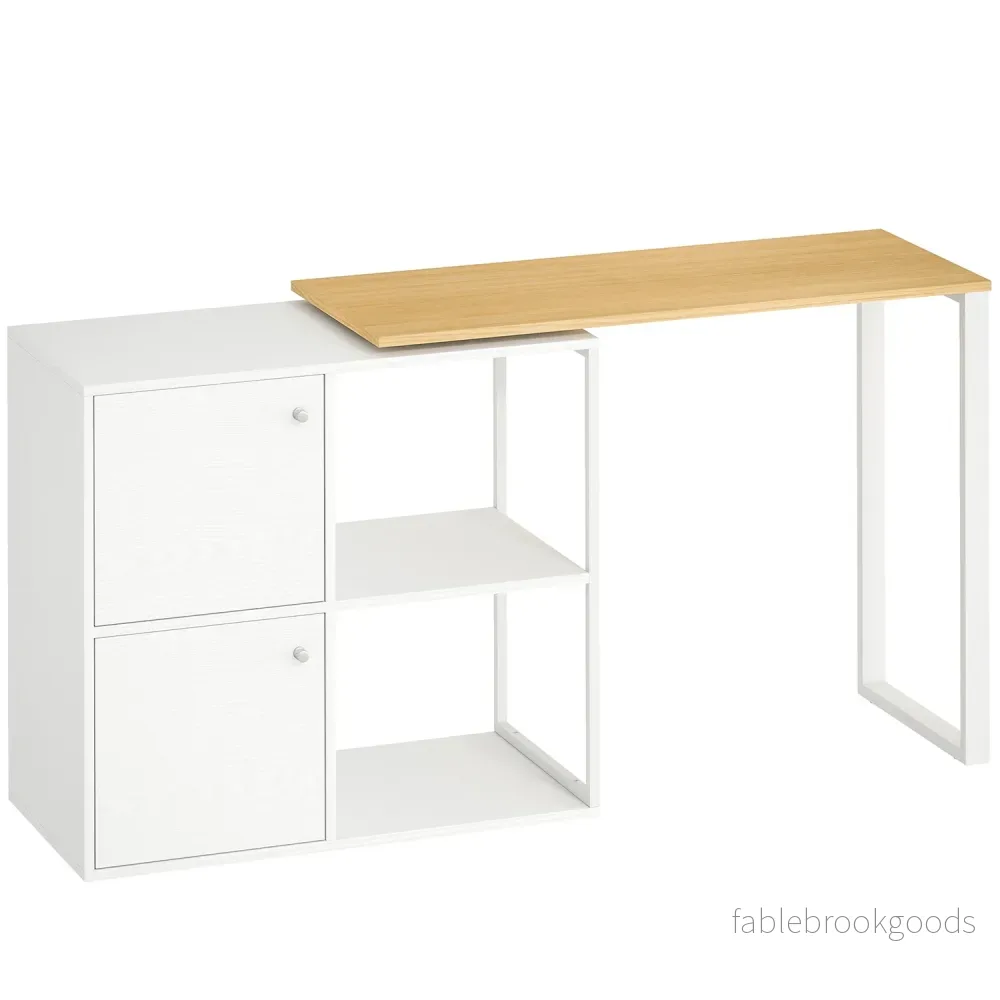 L-format skrivbord, roterande hörn, 2 skåp, 2 hyllor, 150x40x75 cm, vit