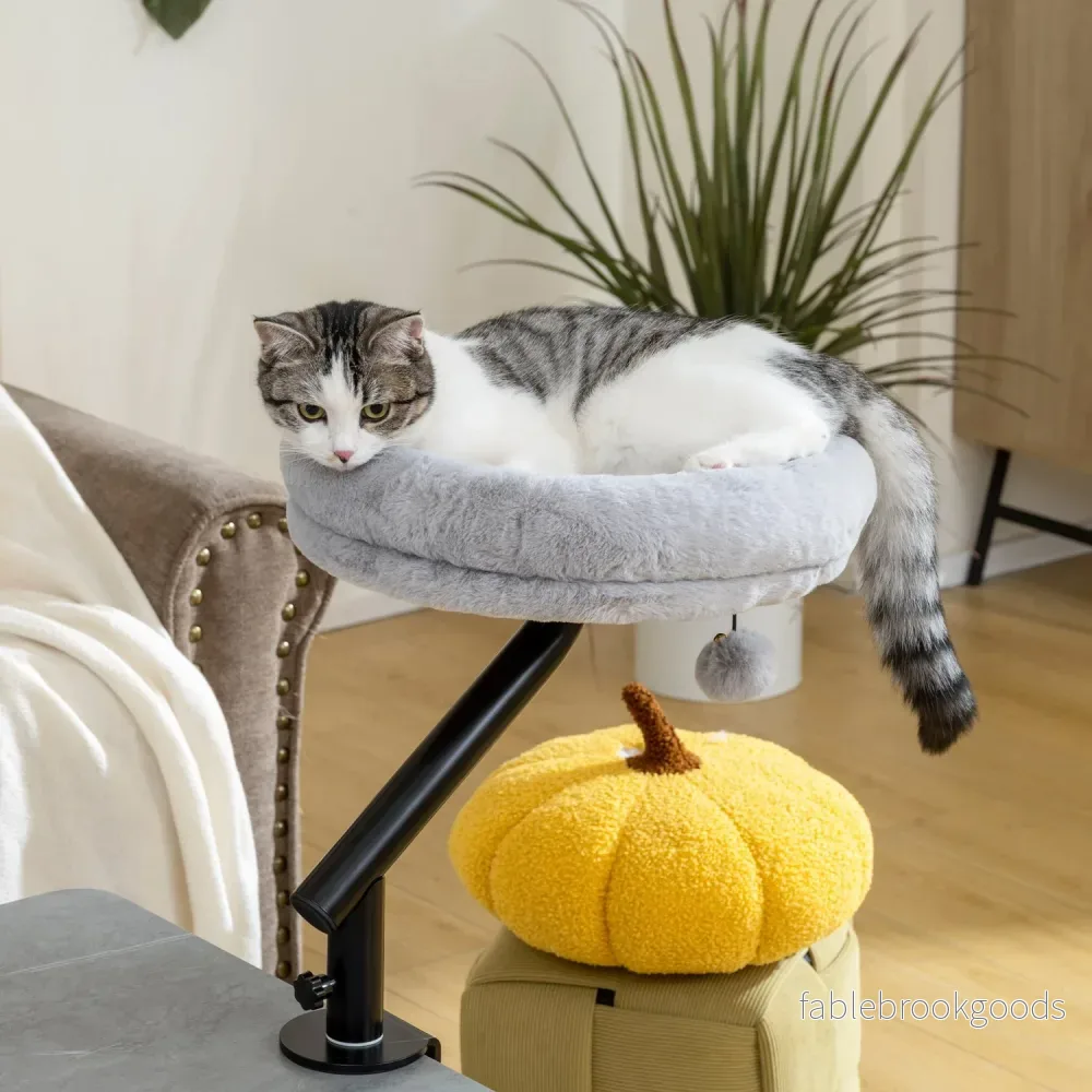 Skrivbordsbädd för katt med 360 graders rotation, justerbar höjd, grå - Bild 2