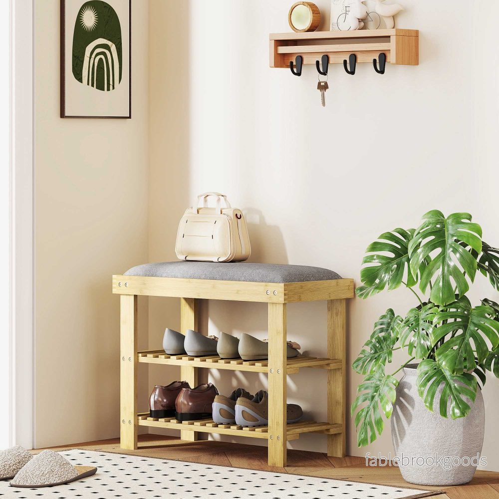 Bambuskobänk med förvaring, 2 hyllor, 60x29x49 cm, grå - Bild 2