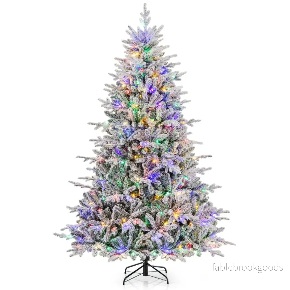 Hög – flockad julgran, konstgjord med ljuslägen och flerfärgade LED lampor – 8 350 218 cm – Vit
