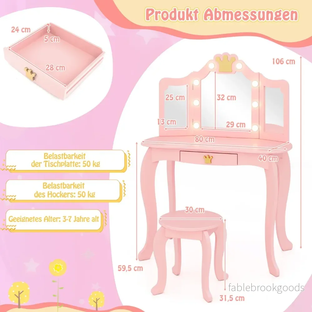 Sminkbord – för barn med belysning tjejer trefaldig spegelrosa – Rosa - Bild 2