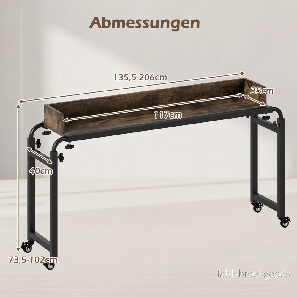 Sängbord – med hjul och Justerbar höjd Längd Vårdbord Skrivbord – Brun - Bild 2