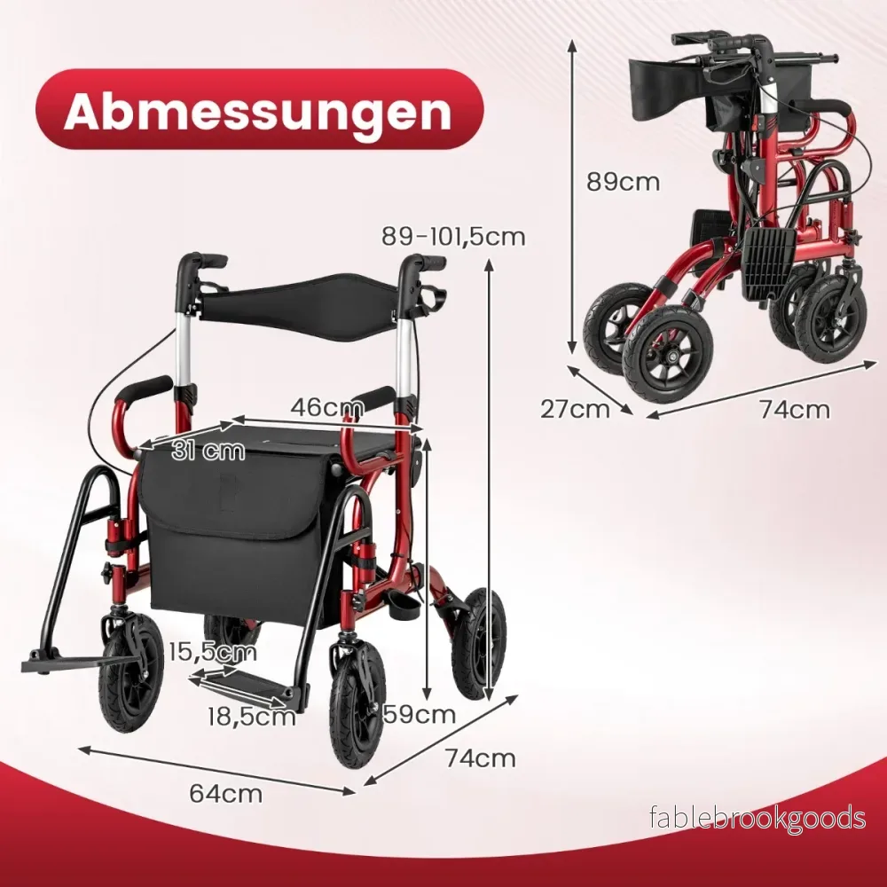 Rullator – med luftfyllda däck, hopfällbar och lätt sittplats i rullstol rese – 2 1 – Röd - Bild 2