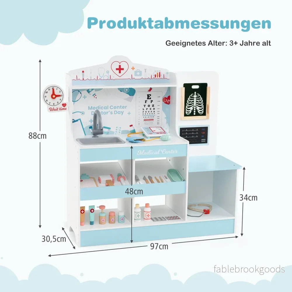 Trä – Doktor leksakset medicinskt centrum för barn med klocka, handfat, synundersökningstavla, EKG monitor – Blå - Bild 2