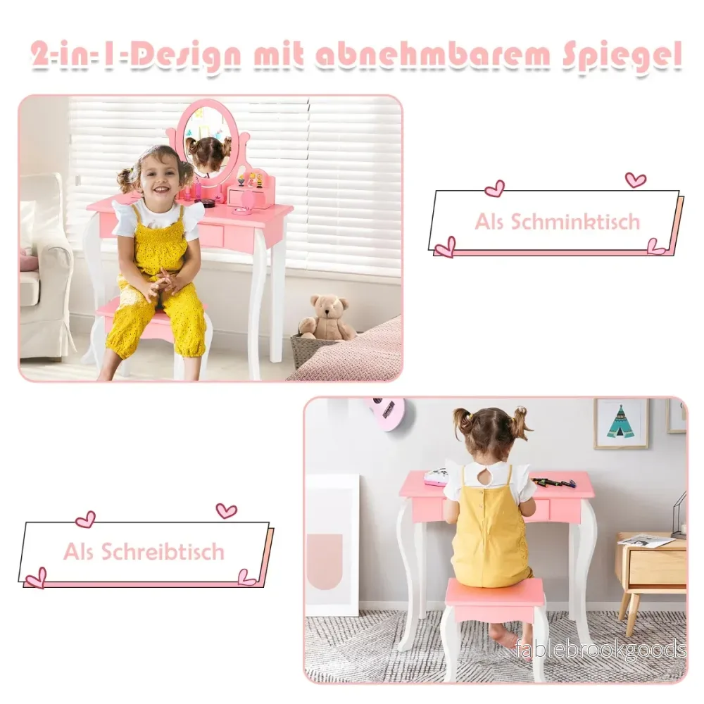 Sminkbord – för barn med Pall Princess lådor och Spegel – 3 – Rosa - Bild 3