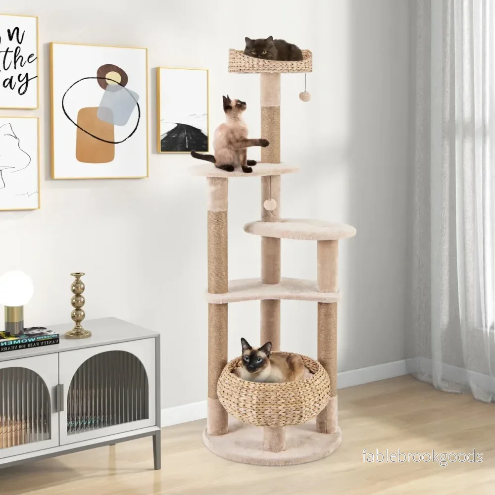 Kattträd – med Abborre och Cattail Basket Bed vånings klätterträd – 6 164 cm – Natur - Bild 3