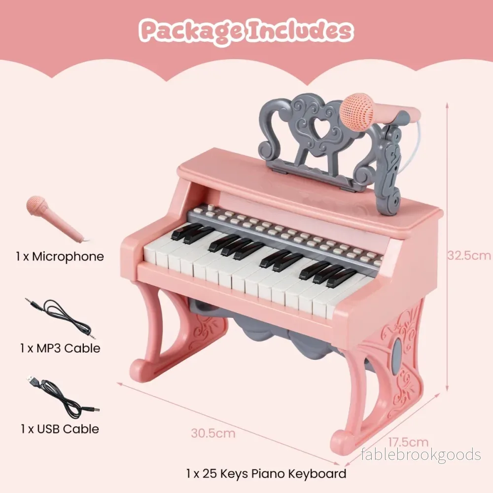 Mini – tangentbord med och notställ mikrofon barnpiano elektriskt – 25 – Rosa - Bild 2