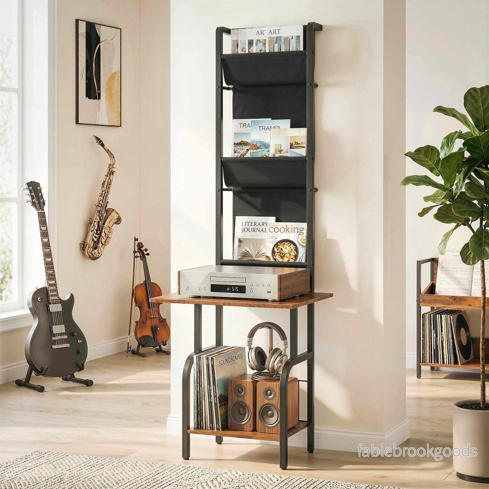 Industriell CD-hylla med 3 tygfickor, rustik brun - Bild 2