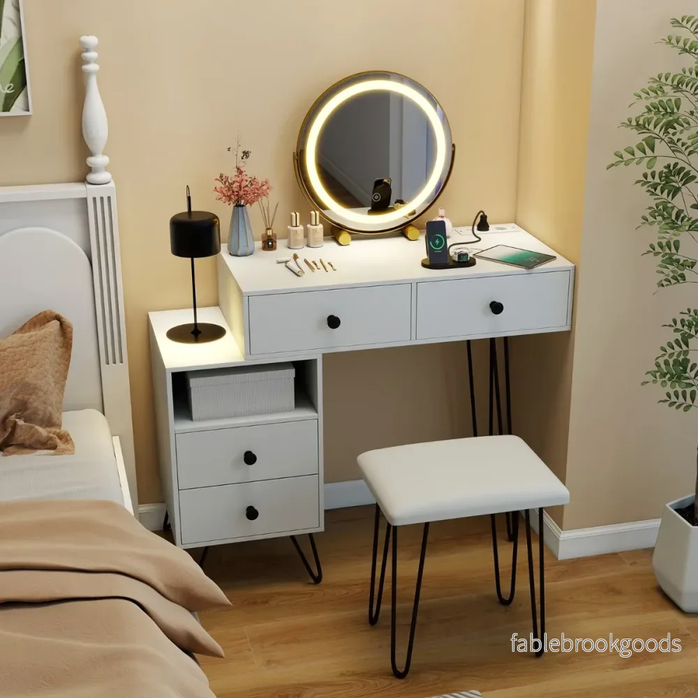 Sminkbord – Set med Pall och Belysning Eluttag Snurr Spegel Skönhetsbord – Vit - Bild 3